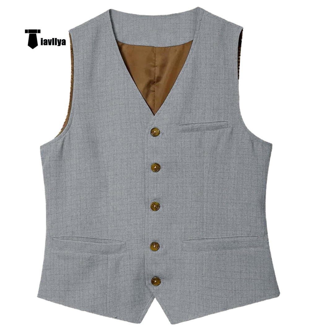 Tiavllya Tiavllya Formal Mens waistcoat Flat Linen V Neck Waistcoat For Wedding