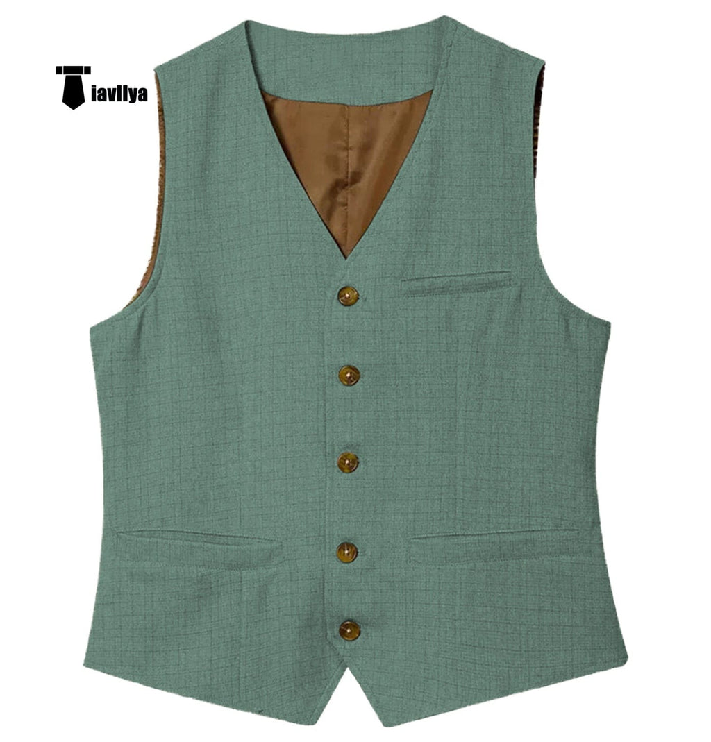 Tiavllya Tiavllya Formal Mens waistcoat Flat Linen V Neck Waistcoat For Wedding