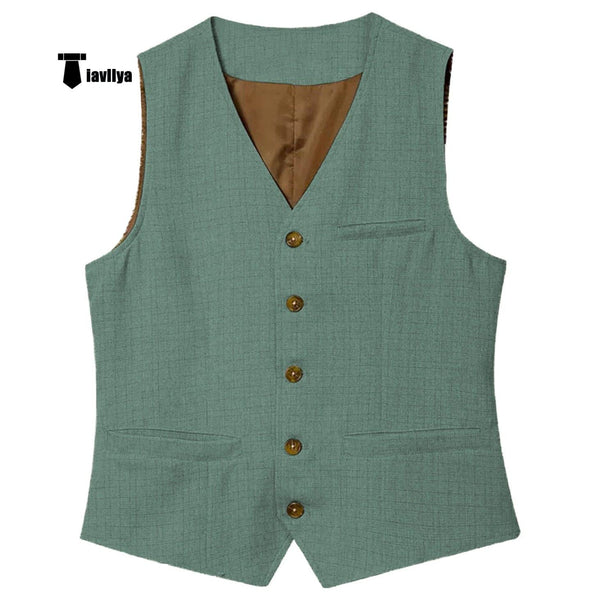 Tiavllya Tiavllya Formal Mens waistcoat Flat Linen V Neck Waistcoat For Wedding
