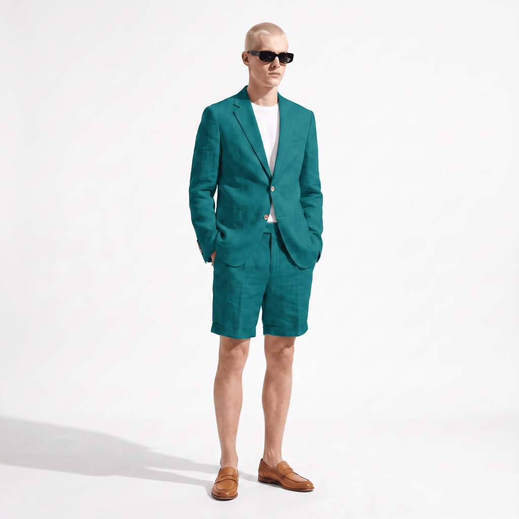 Tiavllya Tiavllya Leisure 2 Piece Men's Suit Flat Linen Notch Lapel Tuxedos (Blazer+Shorts)