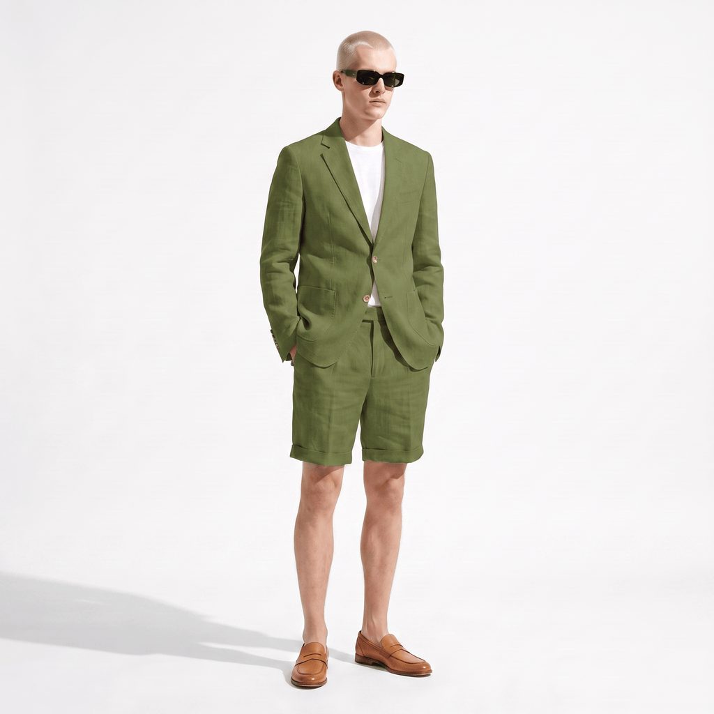 Tiavllya Tiavllya Leisure 2 Piece Men's Suit Flat Linen Notch Lapel Tuxedos (Blazer+Shorts)