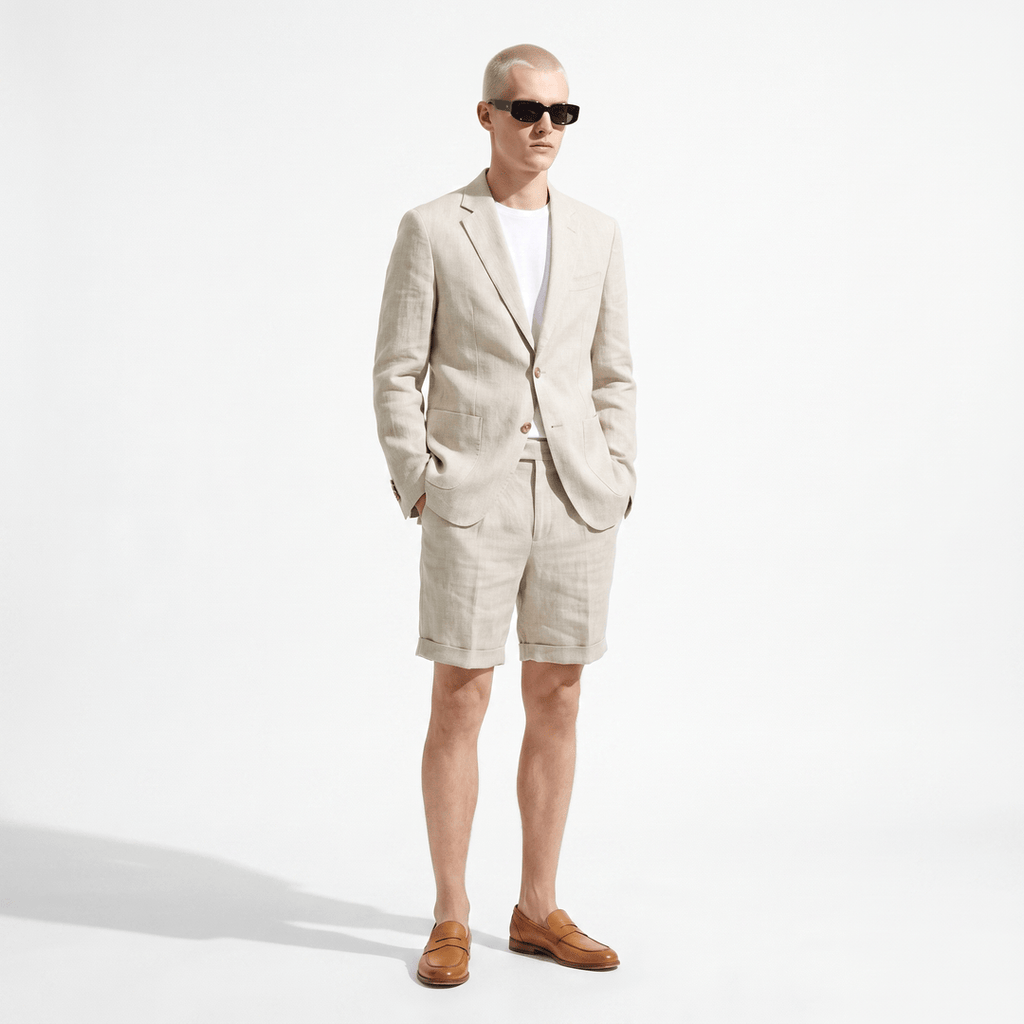 Tiavllya Tiavllya Leisure 2 Piece Men's Suit Flat Linen Notch Lapel Tuxedos (Blazer+Shorts)