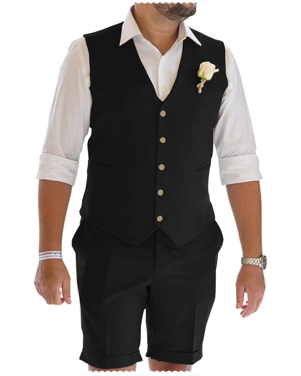 Tiavllya Tiavllya Leisure 2 Piece Men's Suit Flat Linen Notch Lapel Tuxedos (Vest+Shorts)