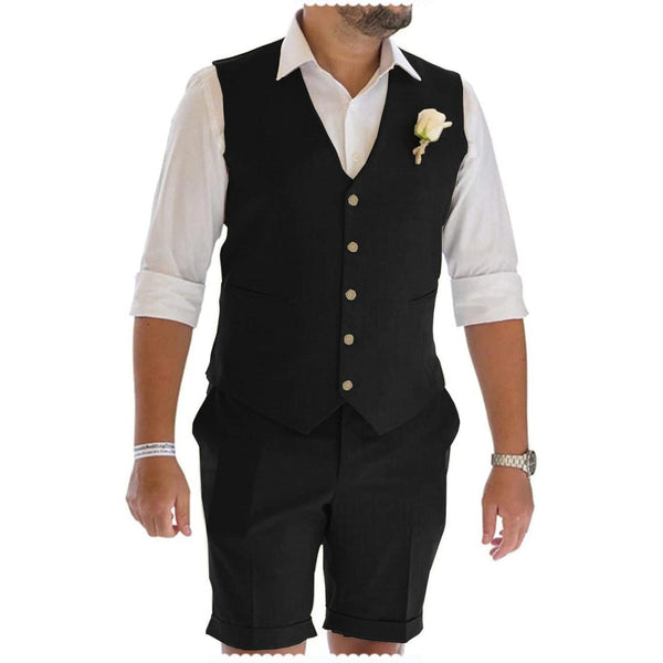 Tiavllya Tiavllya Leisure 2 Piece Men's Suit Flat Linen Notch Lapel Tuxedos (Vest+Shorts)