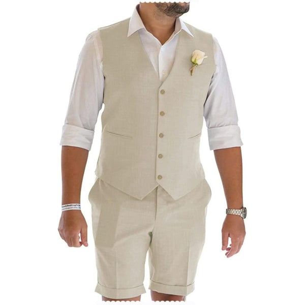 Tiavllya Tiavllya Leisure 2 Piece Men's Suit Flat Linen Notch Lapel Tuxedos (Vest+Shorts)