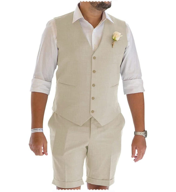 Tiavllya Tiavllya Leisure 2 Piece Men's Suit Flat Linen Notch Lapel Tuxedos (Vest+Shorts)