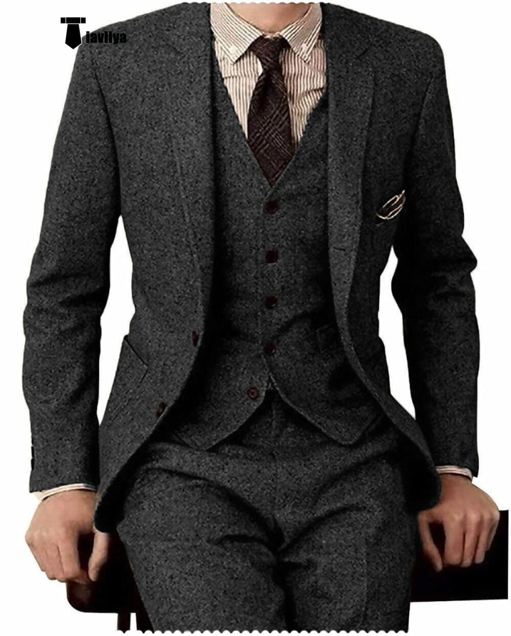 Tiavllya Tiavllya Men's Casual 3 Pieces Mens Suit Classic Tweed Notch Lapel Tuxedos (Blazer+vest+Pants)