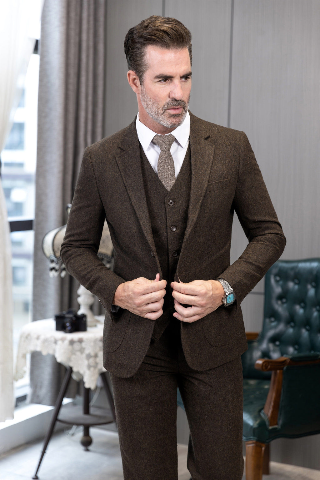 Tiavllya Tiavllya Men's Casual 3 Pieces Mens Suit Classic Tweed Notch Lapel Tuxedos (Blazer+vest+Pants)