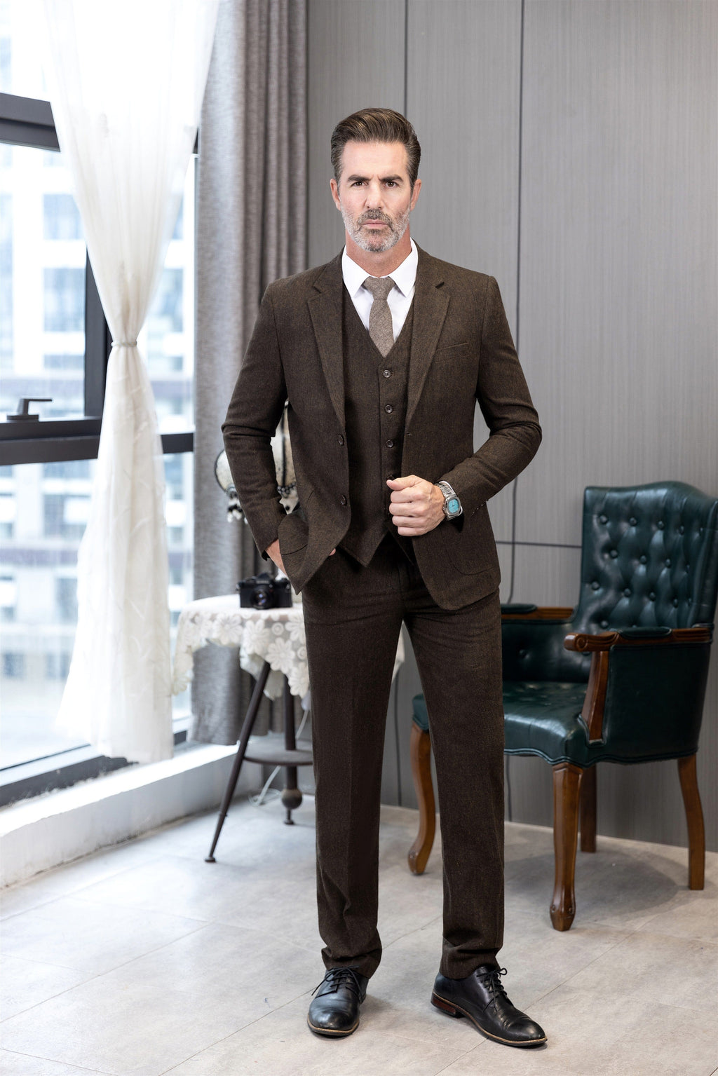 Tiavllya Tiavllya Men's Casual 3 Pieces Mens Suit Classic Tweed Notch Lapel Tuxedos (Blazer+vest+Pants)