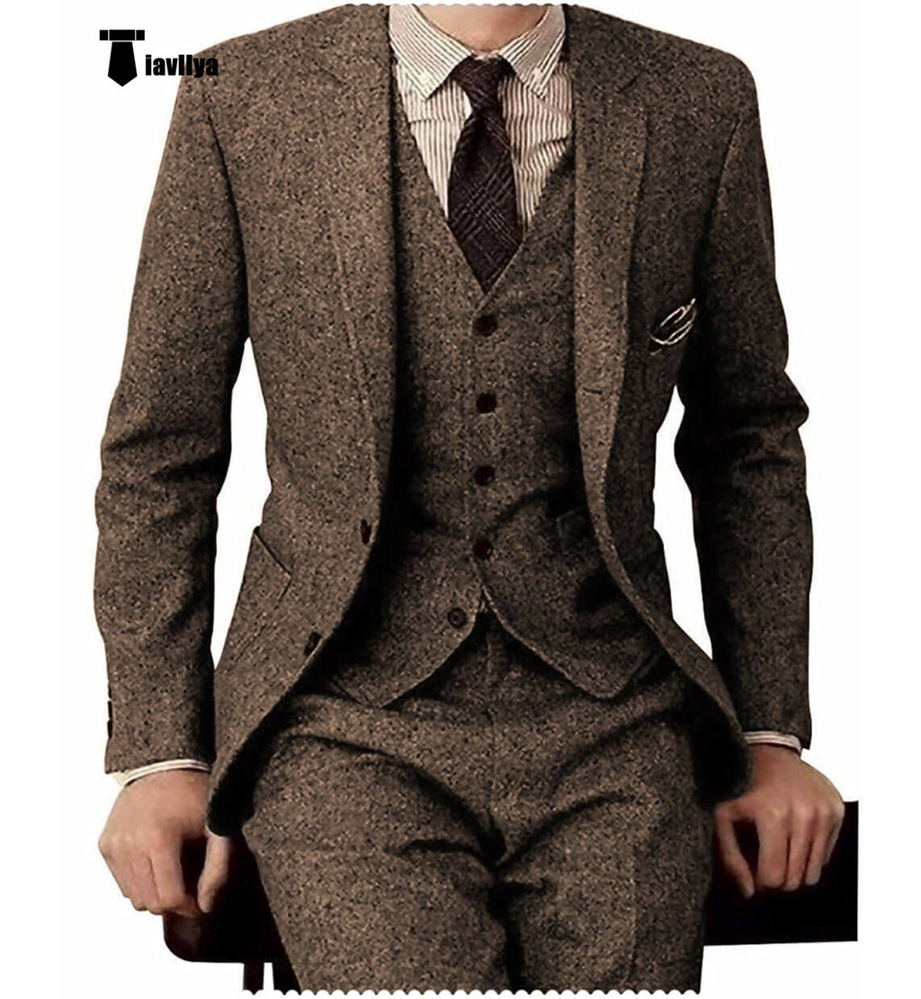 Tiavllya Tiavllya Men's Casual 3 Pieces Mens Suit Classic Tweed Notch Lapel Tuxedos (Blazer+vest+Pants)