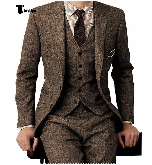 Tiavllya Tiavllya Men's Casual 3 Pieces Mens Suit Classic Tweed Notch Lapel Tuxedos (Blazer+vest+Pants)