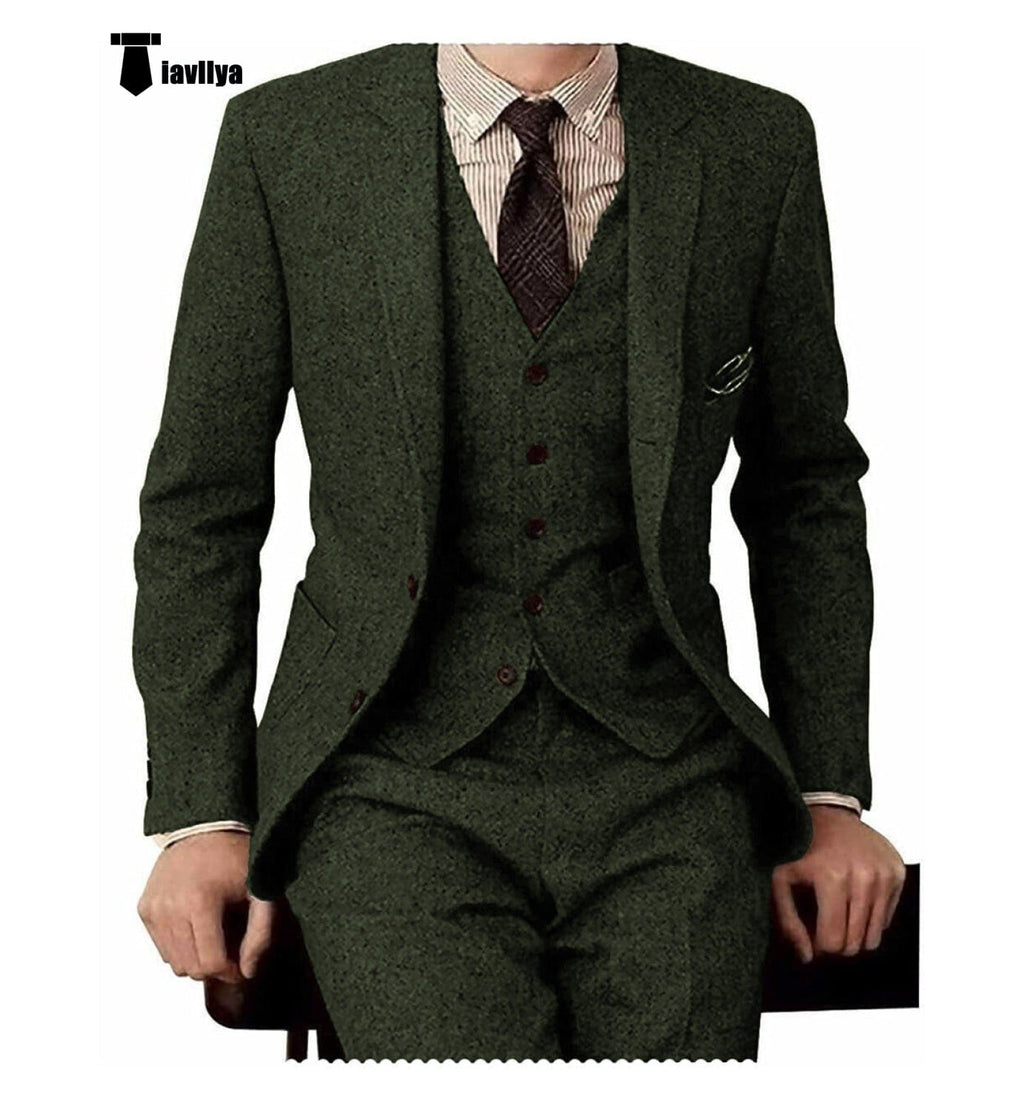 Tiavllya Tiavllya Men's Casual 3 Pieces Mens Suit Classic Tweed Notch Lapel Tuxedos (Blazer+vest+Pants)