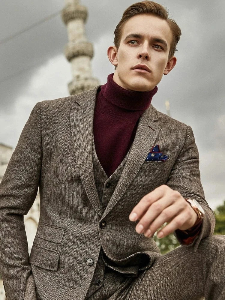 Tiavllya Tiavllya Men's Casual 3 Pieces Mens Suit Herringbone Tweed Tuxedos (Blazer+vest+Pants)