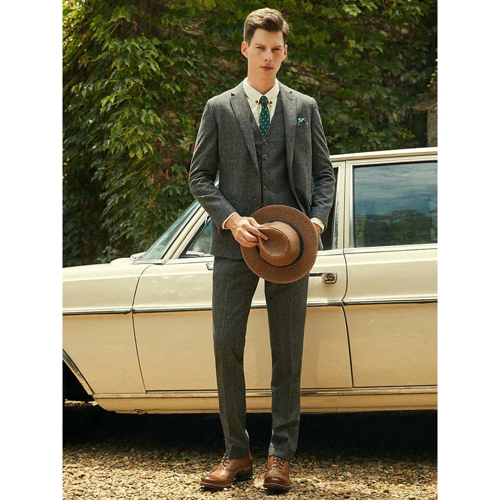 Solovedress Pak voor heren, 3-delig, klassieke smoking tweed-wol voor bruiloft (blazer vest broek), grijs, 3XL Solovedress Pak voor heren, 3-delig, klassieke smoking tweed-wol voor bruiloft (blazer vest broek), grijs, 3XL