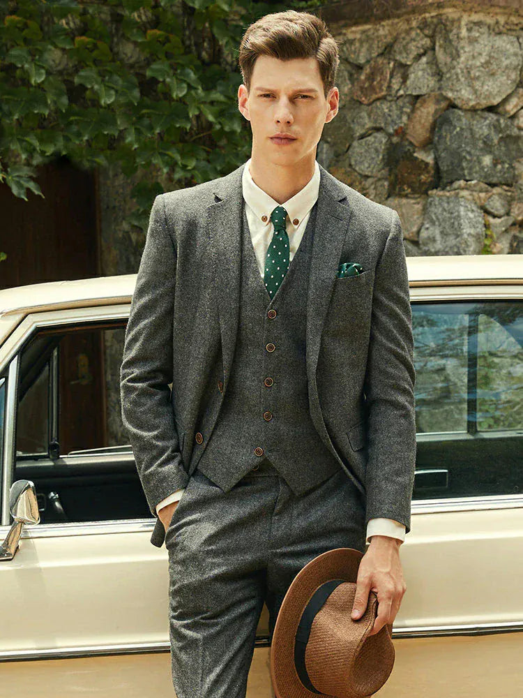 Tiavllya Tiavllya Men's Casual 3 Pieces Mens Suit Herringbone Tweed Tuxedos (Blazer+vest+Pants)