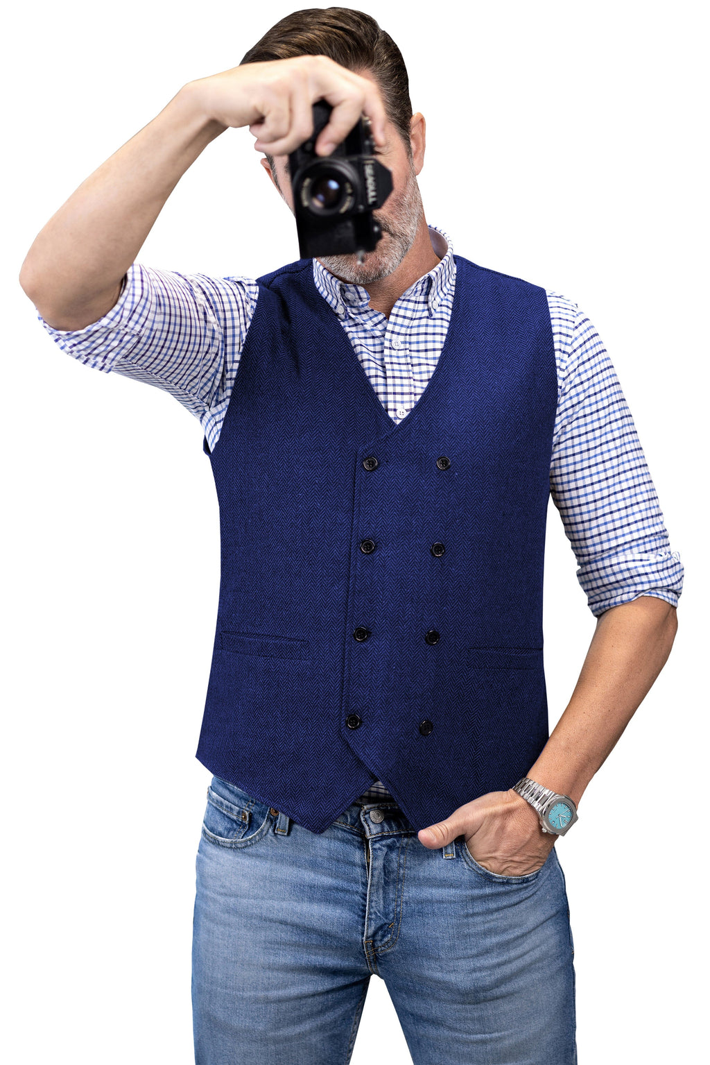 Tiavllya Tiavllya Men's Casual Double Breasted Tweed Herringbone V Neck Waistcoat