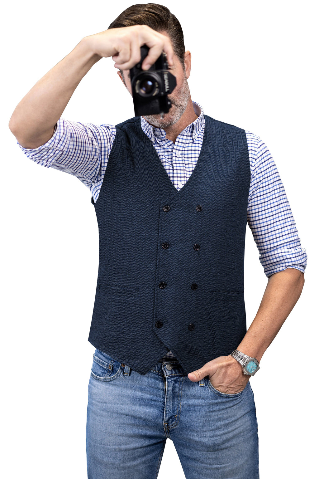 Tiavllya Tiavllya Men's Casual Double Breasted Tweed Herringbone V Neck Waistcoat