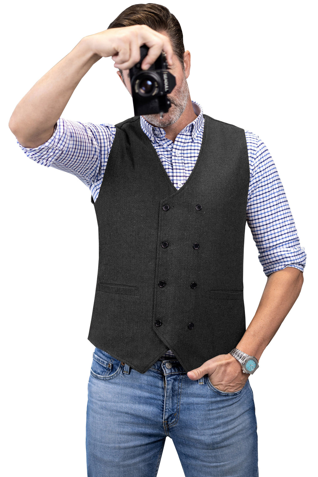 Tiavllya Tiavllya Men's Casual Double Breasted Tweed Herringbone V Neck Waistcoat