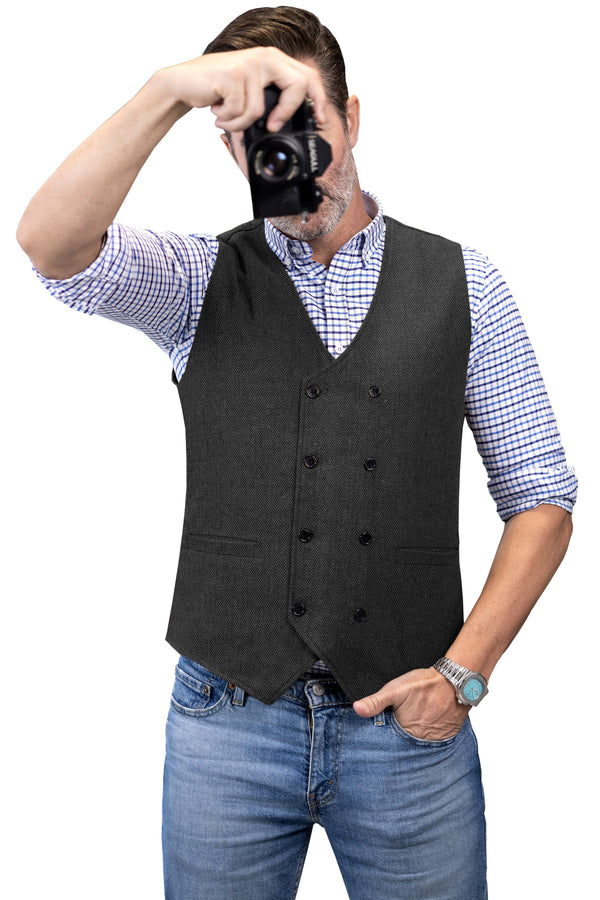 Tiavllya Tiavllya Men's Casual Double Breasted Tweed Herringbone V Neck Waistcoat