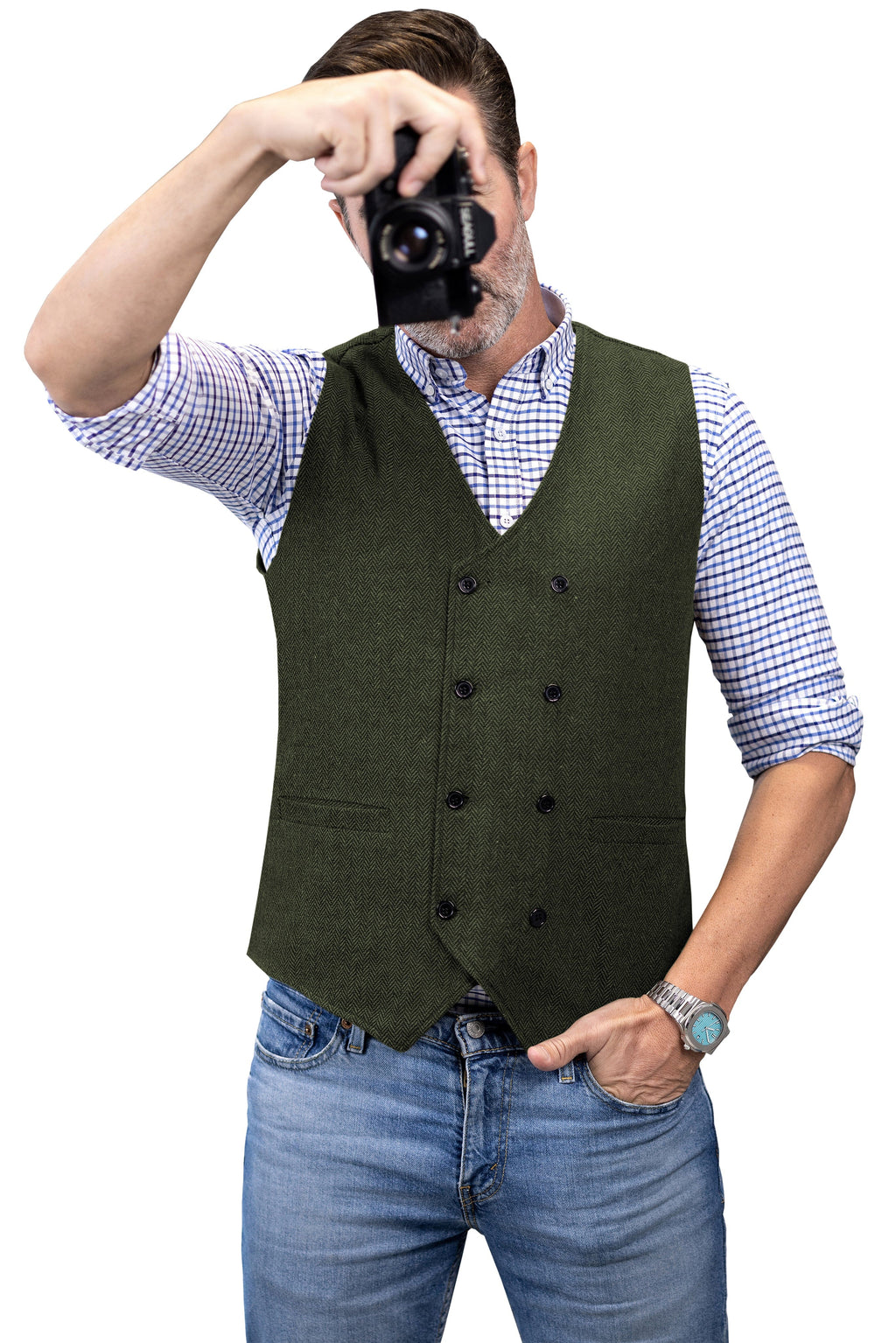 Tiavllya Tiavllya Men's Casual Double Breasted Tweed Herringbone V Neck Waistcoat