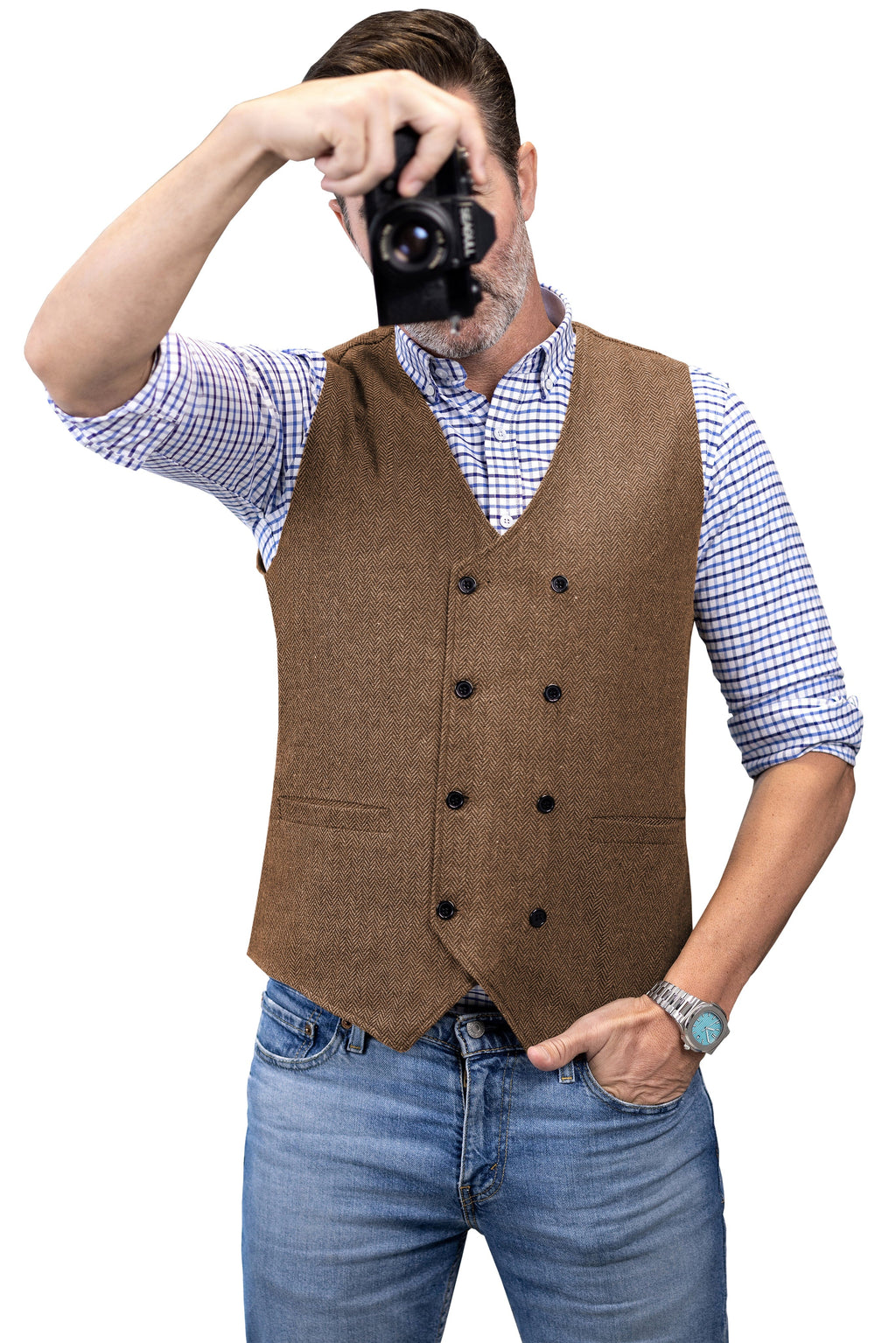 Tiavllya Tiavllya Men's Casual Double Breasted Tweed Herringbone V Neck Waistcoat