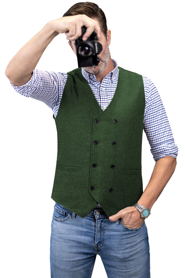 Tiavllya Tiavllya Men's Casual Double Breasted Tweed Herringbone V Neck Waistcoat