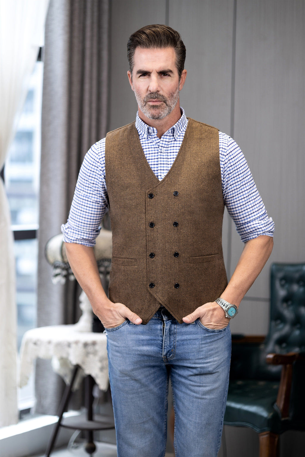 Tiavllya Tiavllya Men's Casual Double Breasted Tweed Herringbone V Neck Waistcoat