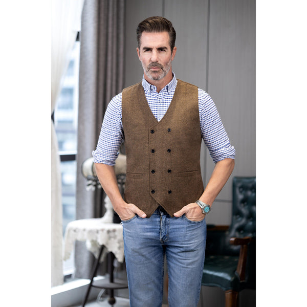 Tiavllya Tiavllya Men's Casual Double Breasted Tweed Herringbone V Neck Waistcoat