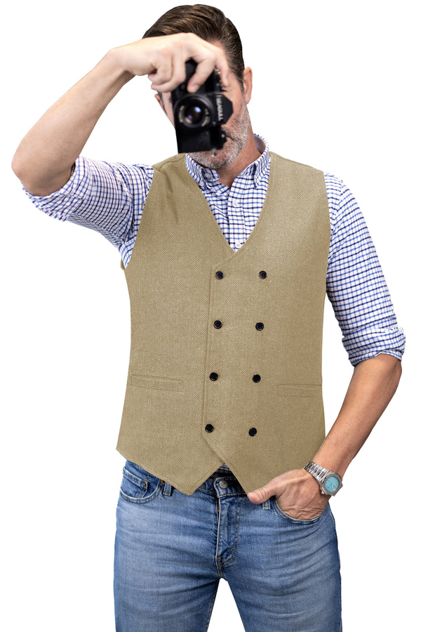 Tiavllya Tiavllya Men's Casual Double Breasted Tweed Herringbone V Neck Waistcoat