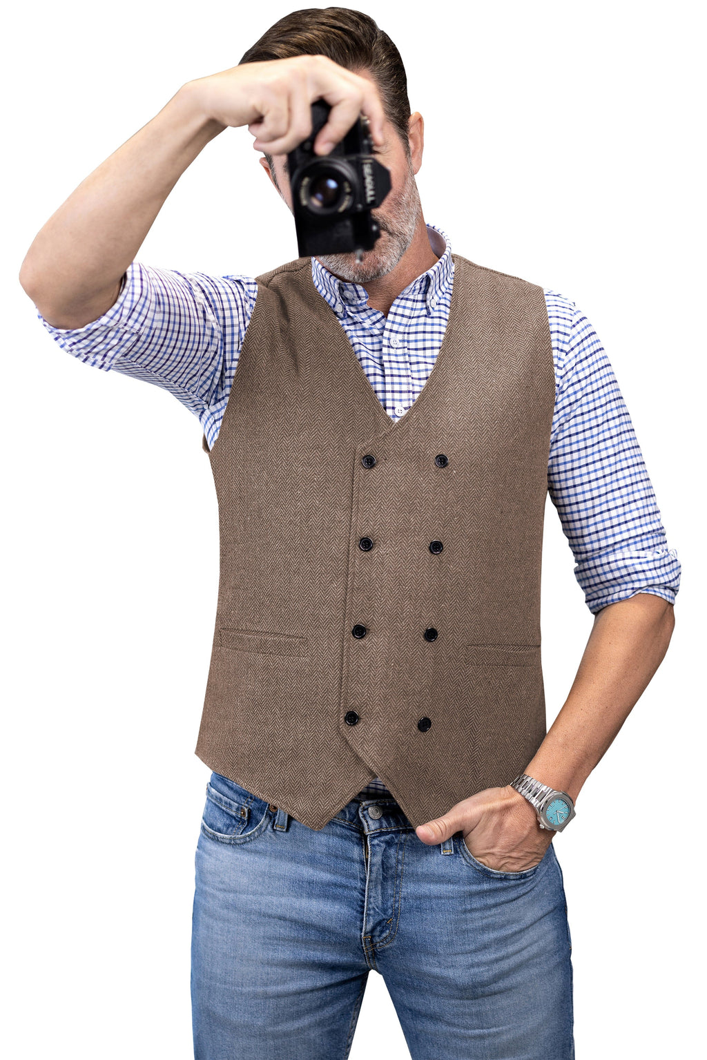 Tiavllya Tiavllya Men's Casual Double Breasted Tweed Herringbone V Neck Waistcoat