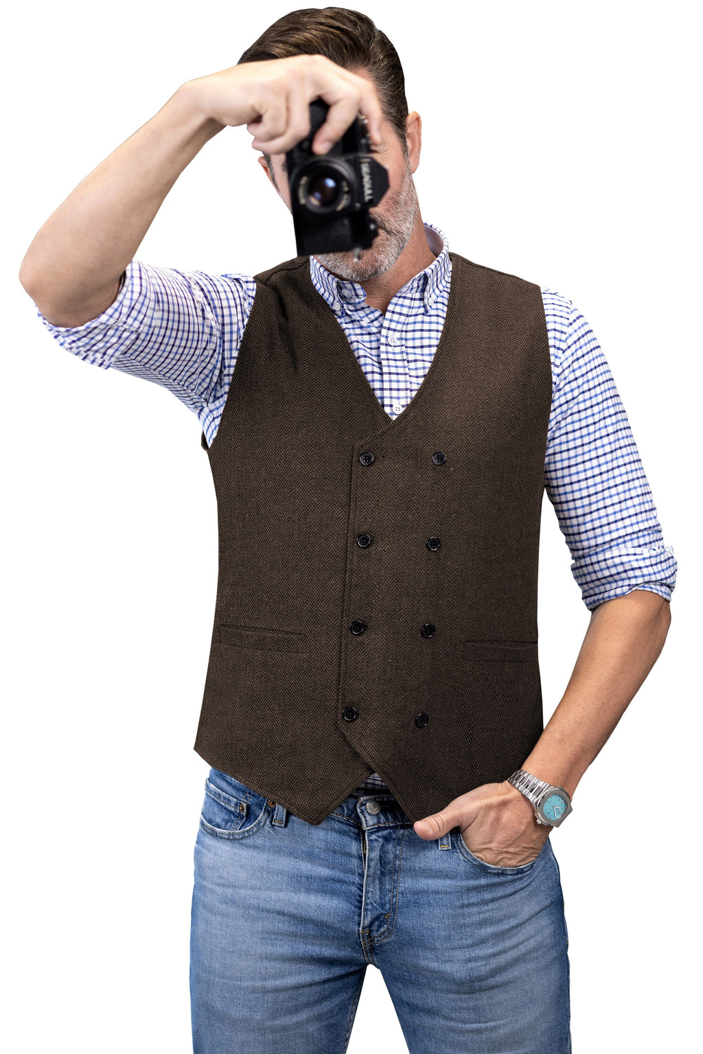 Tiavllya Tiavllya Men's Casual Double Breasted Tweed Herringbone V Neck Waistcoat