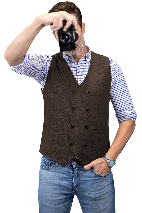 Tiavllya Tiavllya Men's Casual Double Breasted Tweed Herringbone V Neck Waistcoat