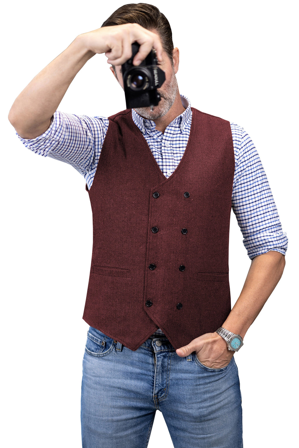 Tiavllya Tiavllya Men's Casual Double Breasted Tweed Herringbone V Neck Waistcoat