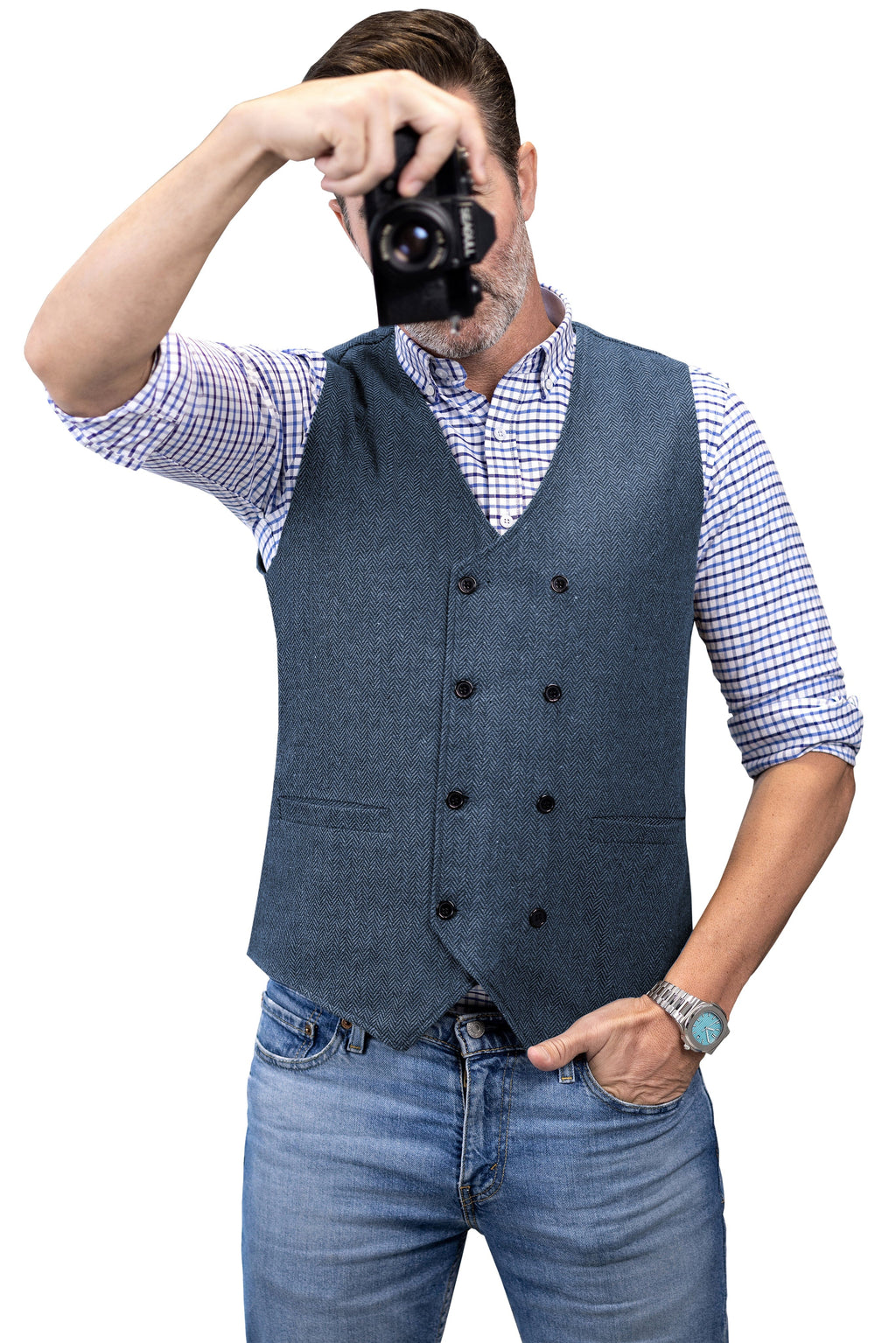 Tiavllya Tiavllya Men's Casual Double Breasted Tweed Herringbone V Neck Waistcoat