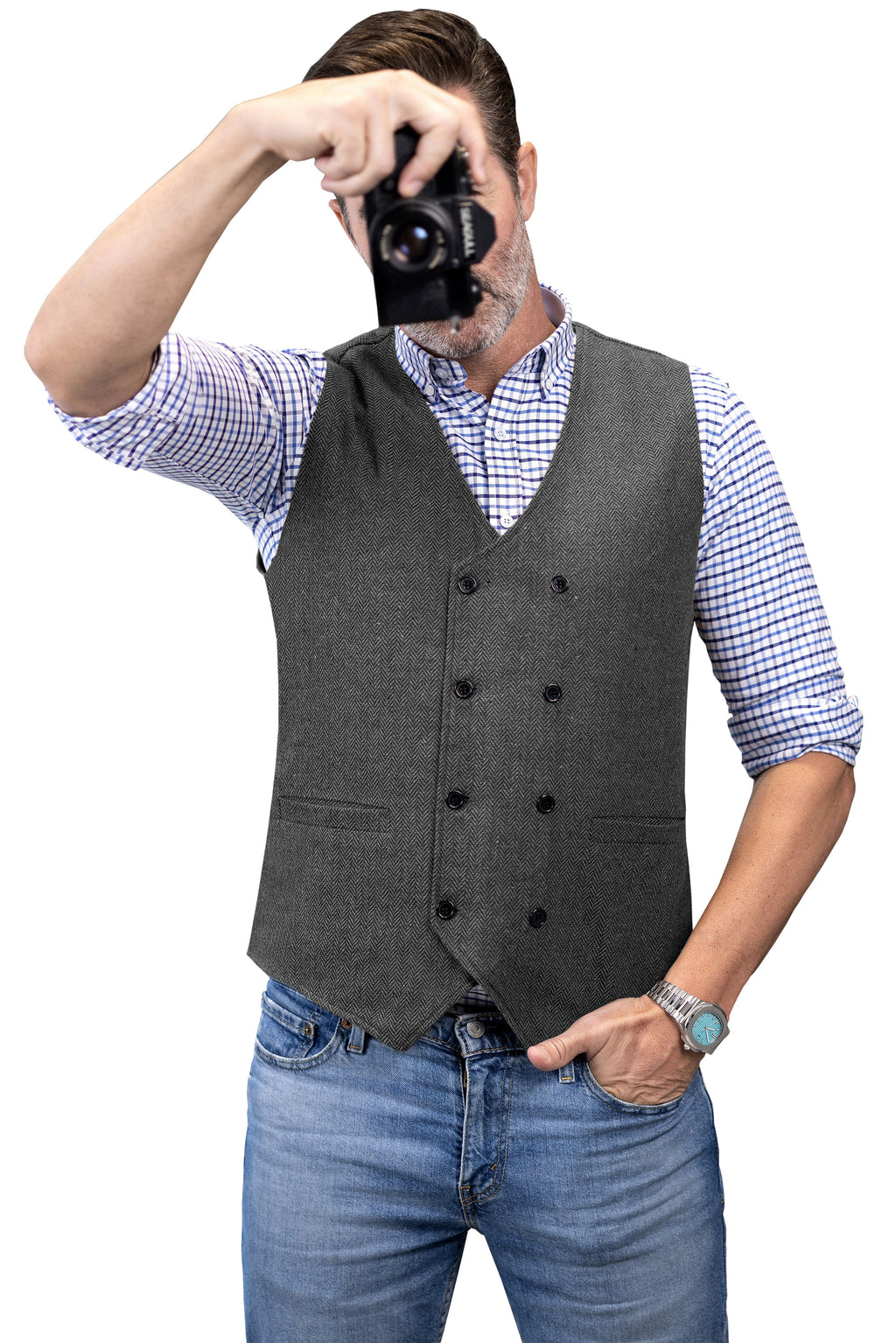 Tiavllya Tiavllya Men's Casual Double Breasted Tweed Herringbone V Neck Waistcoat