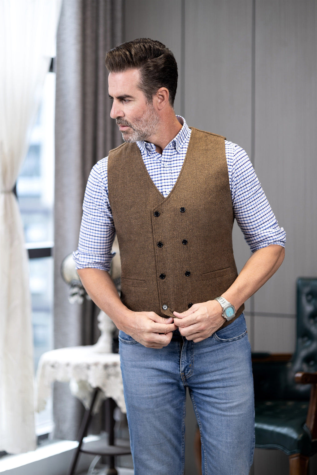 Tiavllya Tiavllya Men's Casual Double Breasted Tweed Herringbone V Neck Waistcoat