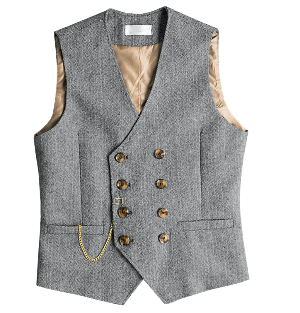 Tiavllya Tiavllya Men's Casual Double Breasted Tweed Herringbone V Neck Waistcoat