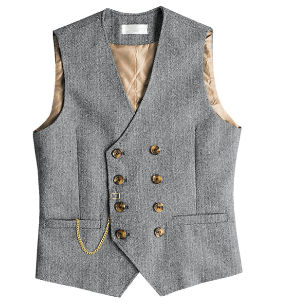 Tiavllya Tiavllya Men's Casual Double Breasted Tweed Herringbone V Neck Waistcoat