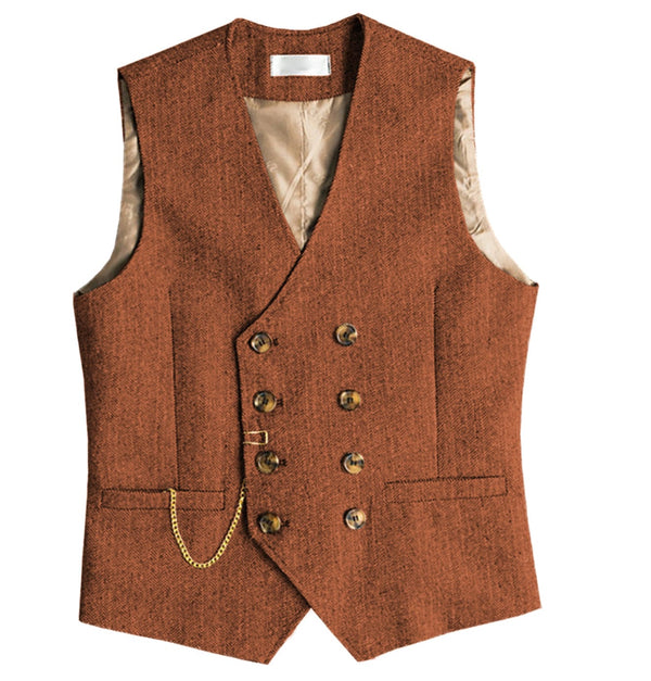 Tiavllya Tiavllya Men's Casual Double Breasted Tweed Herringbone V Neck Waistcoat