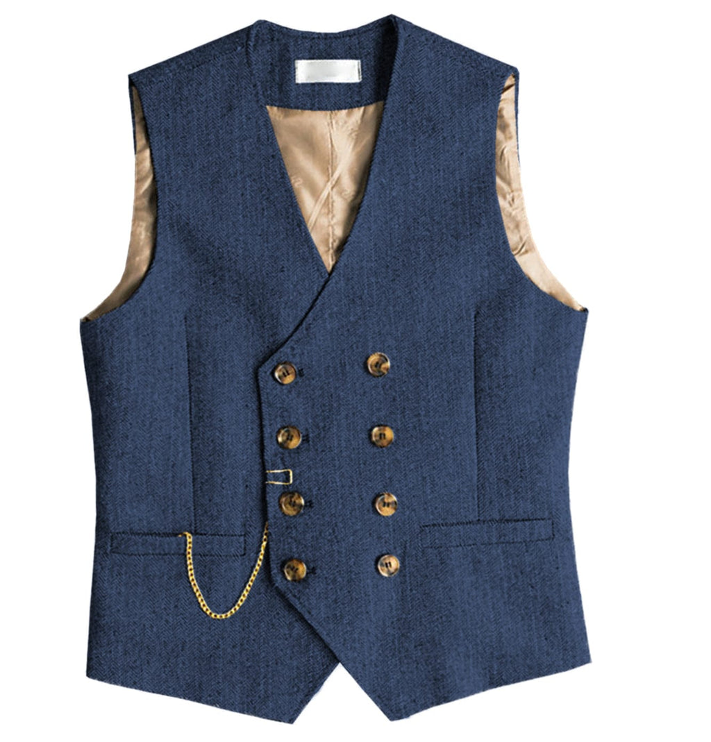 Tiavllya Tiavllya Men's Casual Double Breasted Tweed Herringbone V Neck Waistcoat