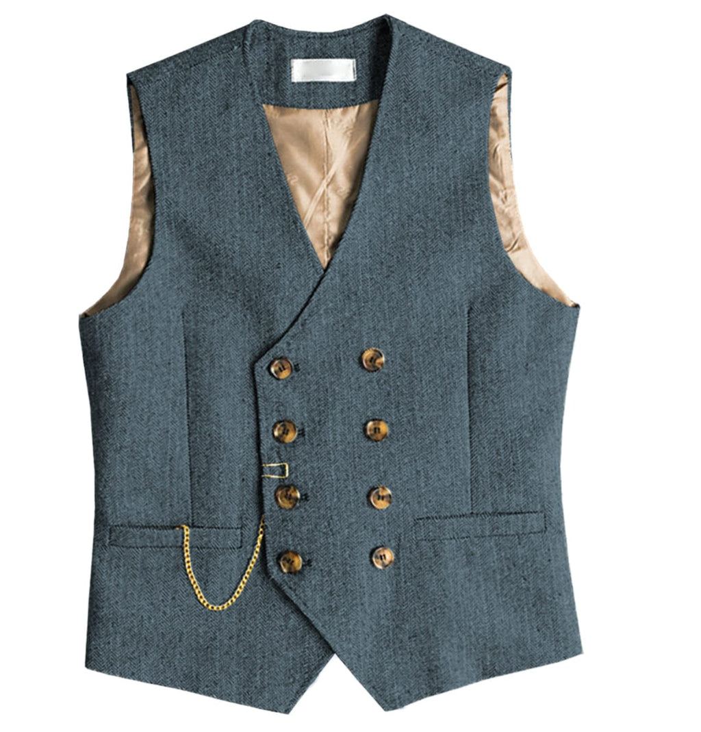 Tiavllya Tiavllya Men's Casual Double Breasted Tweed Herringbone V Neck Waistcoat