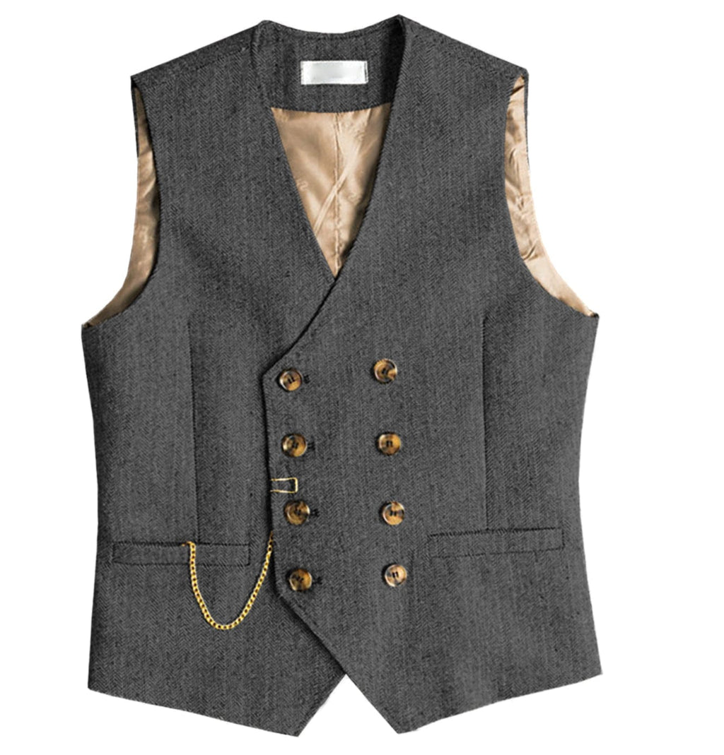 Tiavllya Tiavllya Men's Casual Double Breasted Tweed Herringbone V Neck Waistcoat