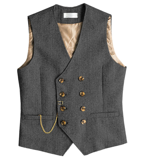 Tiavllya Tiavllya Men's Casual Double Breasted Tweed Herringbone V Neck Waistcoat