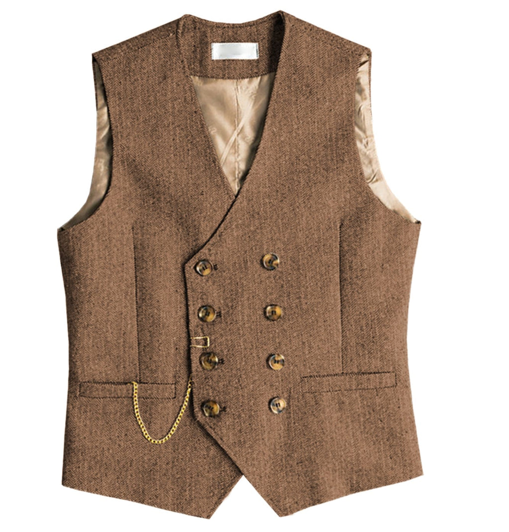 Tiavllya Tiavllya Men's Casual Double Breasted Tweed Herringbone V Neck Waistcoat