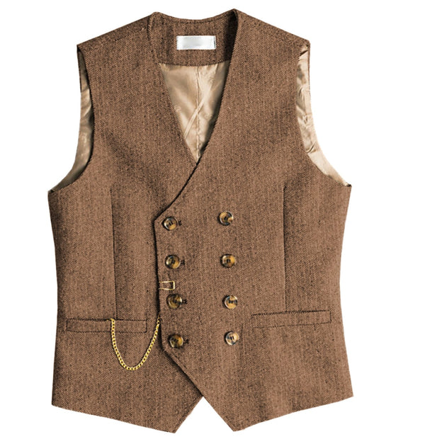 Tiavllya Tiavllya Men's Casual Double Breasted Tweed Herringbone V Neck Waistcoat
