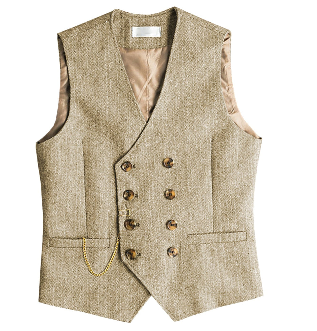 Tiavllya Tiavllya Men's Casual Double Breasted Tweed Herringbone V Neck Waistcoat