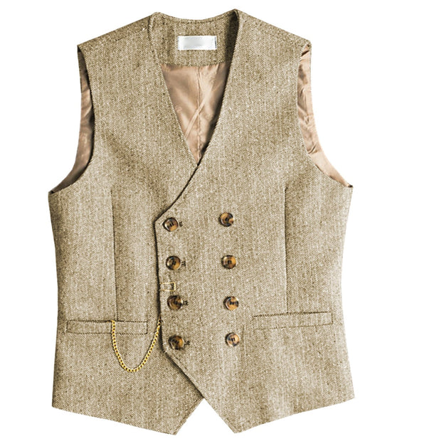 Tiavllya Tiavllya Men's Casual Double Breasted Tweed Herringbone V Neck Waistcoat