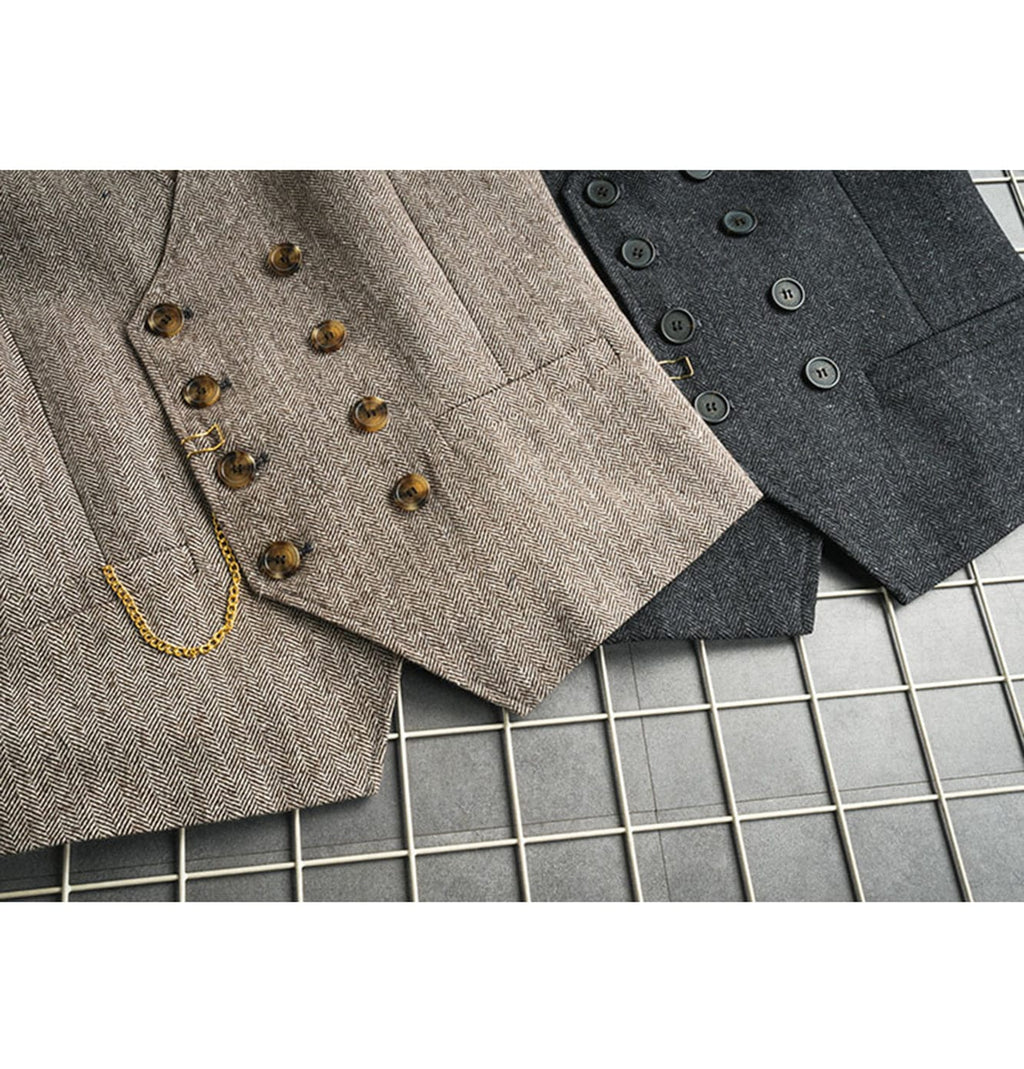 Tiavllya Tiavllya Men's Casual Double Breasted Tweed Herringbone V Neck Waistcoat
