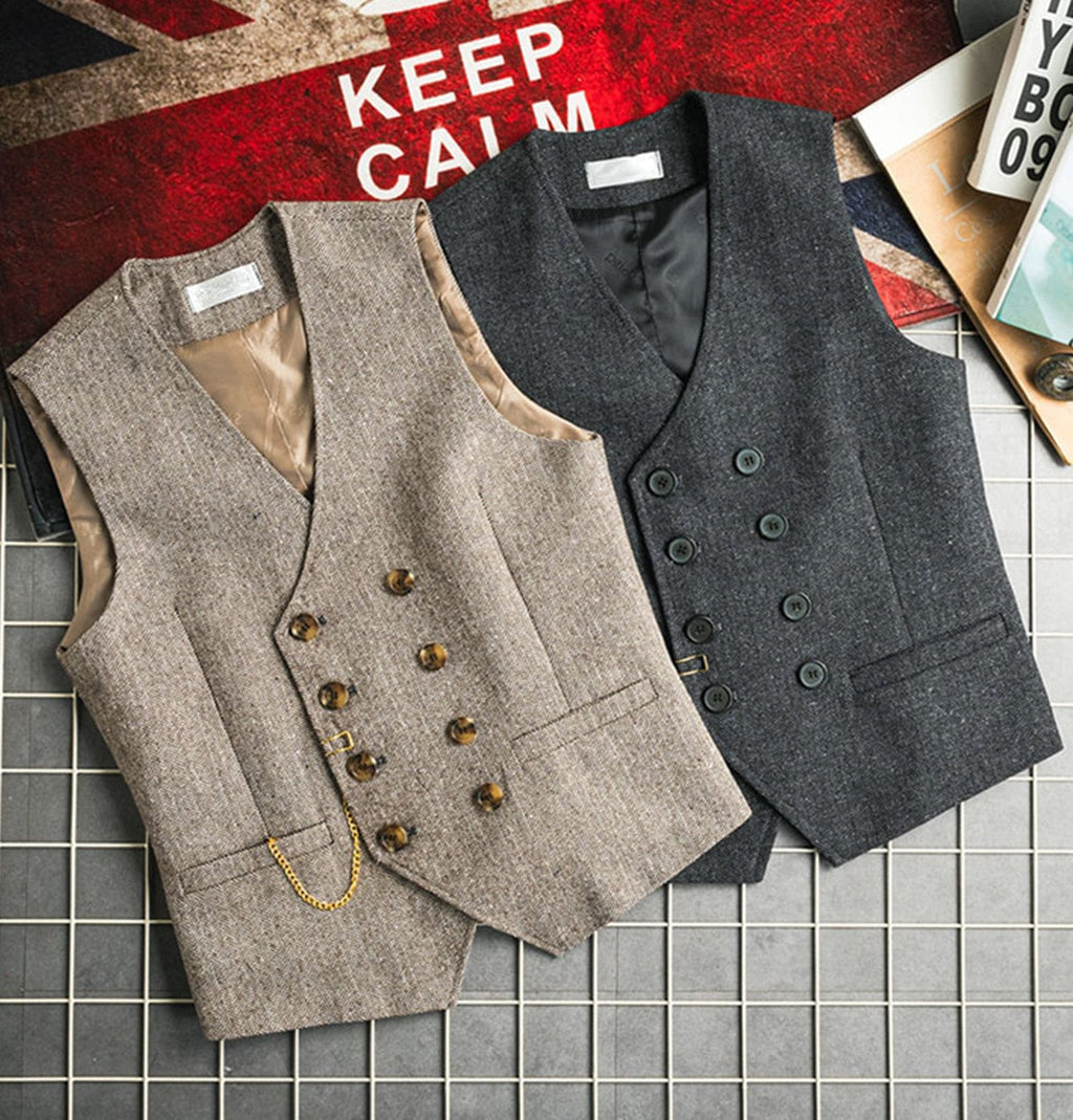 Tiavllya Tiavllya Men's Casual Double Breasted Tweed Herringbone V Neck Waistcoat