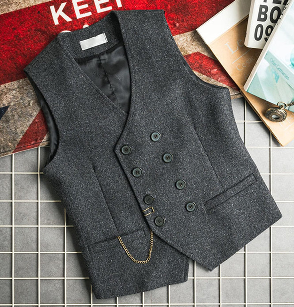 Tiavllya Tiavllya Men's Casual Double Breasted Tweed Herringbone V Neck Waistcoat